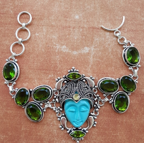 New Carved Goddess Face Peridot & Citrine 925 Silver Bracelet. - Picture 4 of 8